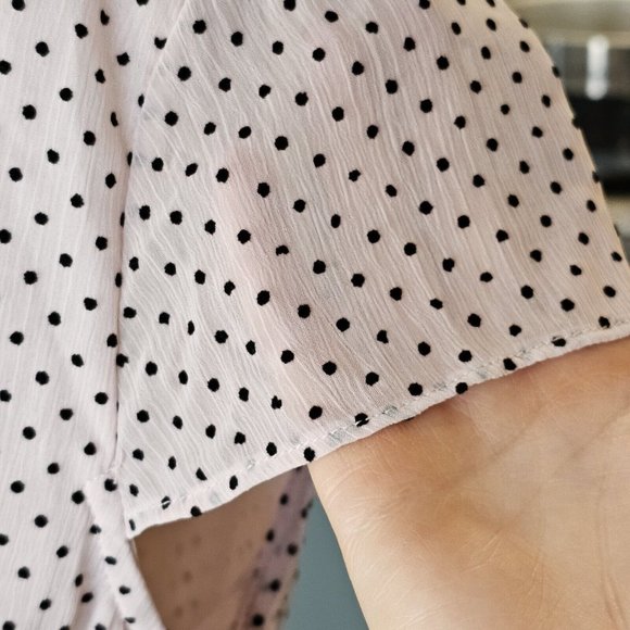 Y2K Large Light Pink Chirron Swiss Dot Blouse Pontuck Pleats Sheer Cap Sleeve - Picture 5 of 9